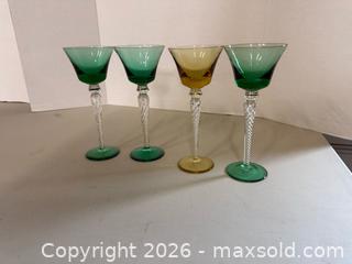MaxSold Auction: Set of 4 Green and Amber Air-Twist Stem Glasses - Lakeshore (Ontario, Canada) PARTNER MANAGED Downsizing Online Auction - County Road 42