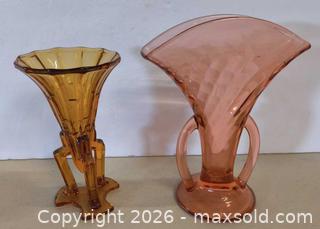 MaxSold Auction: Small Pink/Peach with Double Handles and Amber Glass Vase with footed base - Lakeshore (Ontario, Canada) PARTNER MANAGED Downsizing Online Auction - County Road 42