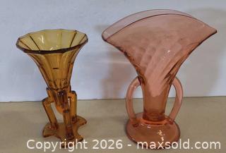 MaxSold Auction: Small Pink/Peach with Double Handles and Amber Glass Vase with footed base - Lakeshore (Ontario, Canada) PARTNER MANAGED Downsizing Online Auction - County Road 42