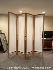 MaxSold Auction: 4-Panel Wood Folding Room Divider Screen with White Fabric Panels - Oshawa (Ontario, Canada) SELLER MANAGED Estate Sale Online Auction - Salisbury Street