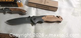 MaxSold Auction: Browning Folding Pocket Cutter Trio — Wood Inlay & Metal Frame - Township Of Brock (Ontario, Canada) SELLER MANAGED Downsizing Online Auction - Beechwood Avenue