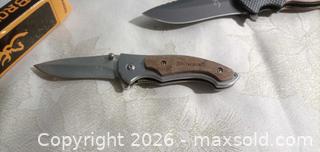 MaxSold Auction: Browning Folding Pocket Cutter Trio — Wood Inlay & Metal Frame - Township Of Brock (Ontario, Canada) SELLER MANAGED Downsizing Online Auction - Beechwood Avenue