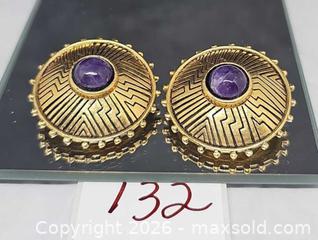 MaxSold Auction: Laural Burch Goldtone Amethyst Aztec Design clip-on earrings  - Hatboro (Pennsylvania, USA) PARTNER MANAGED Estate Sale Online Auction - Jacksonville Road