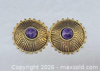 MaxSold Auction: Laural Burch Goldtone Amethyst Aztec Design clip-on earrings  - Hatboro (Pennsylvania, USA) PARTNER MANAGED Estate Sale Online Auction - Jacksonville Road