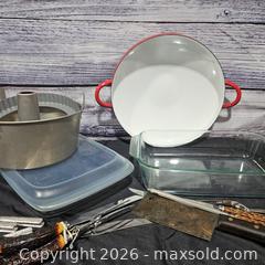 MaxSold Auction: Mixed Cookware Set: Enameled Pot, Glass Dish, Bundt Pan, Knives with Dansk Enamel Paella Pan - Hatboro (Pennsylvania, USA) PARTNER MANAGED Estate Sale Online Auction - Jacksonville Road