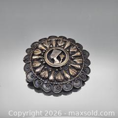 MaxSold Auction: Round Egyptian Nefertiti Silver-Tone Brooch - Hatboro (Pennsylvania, USA) PARTNER MANAGED Estate Sale Online Auction - Jacksonville Road