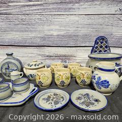 MaxSold Auction: Vintage Folk Stoneware Pottery Set — Multicolor on Cream - Hatboro (Pennsylvania, USA) PARTNER MANAGED Estate Sale Online Auction - Jacksonville Road