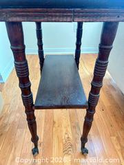 MaxSold Auction: Antique Dark Brown Solid Wood End Table with Lower Shelf - Austin (Texas, USA) SELLER MANAGED Moving Online Auction - Cedarcliffe Drive