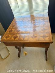 MaxSold Auction: Antique/Vintage Medium Brown Wood & Metal Side Table - Austin (Texas, USA) SELLER MANAGED Moving Online Auction - Cedarcliffe Drive