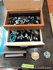 MaxSold Auction: Assorted Costume Jewelry Lot — Earrings, Pendants, Rings, wood jewelry box  - Baltimore (Maryland, USA) PARTNER MANAGED Estate Sale Online Auction - Ken Oak Road