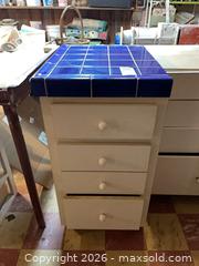 MaxSold Auction: Cobalt Blue Ceramic Tile Top Cabinet on Wood Base, 19x25x37 - Baltimore (Maryland, USA) PARTNER MANAGED Estate Sale Online Auction - Ken Oak Road