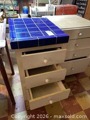 MaxSold Auction: Cobalt Blue Ceramic Tile Top Cabinet on Wood Base, 19x25x37 - Baltimore (Maryland, USA) PARTNER MANAGED Estate Sale Online Auction - Ken Oak Road