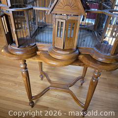 MaxSold Auction: VICTORIAN ORNATE WOODEN BIRDCAGE WITH STAND, HONEY BROWN - Toronto (Ontario, Canada) SELLER MANAGED Downsizing Online Auction - St Edmunds Drive