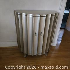 MaxSold Auction: WOOD CABINET SILVER TONED WITH DEMI LUNE SHELVES - Toronto (Ontario, Canada) SELLER MANAGED Downsizing Online Auction - St Edmunds Drive