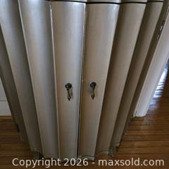 MaxSold Auction: WOOD CABINET SILVER TONED WITH DEMI LUNE SHELVES - Toronto (Ontario, Canada) SELLER MANAGED Downsizing Online Auction - St Edmunds Drive