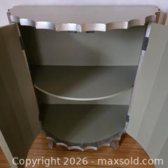 MaxSold Auction: WOOD CABINET SILVER TONED WITH DEMI LUNE SHELVES - Toronto (Ontario, Canada) SELLER MANAGED Downsizing Online Auction - St Edmunds Drive