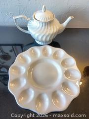 MaxSold Auction: VTG White Porcelain Teapot & Deviled Egg Dish - Los Angeles (California, USA) PARTNER MANAGED Estate Sale Online Auction - Shoup Avenue (CONDO)