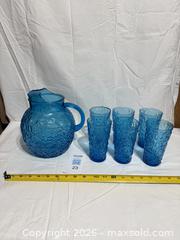 MaxSold Auction: Vintage 1960's Anchor Hocking Aquamarine Lido Milano Pattern Drinkware Jug Tumbler Glasses  - Ottawa (Ontario, Canada) SELLER MANAGED Downsizing Online Auction - Prince Albert Street