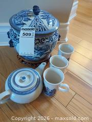 MaxSold Auction: Blue & White Chinese Porcelain Tea Set with Wooden Stand - Saanich (British Columbia, Canada) PARTNER MANAGED Moving Online Auction - Marsett Place (CONDO)