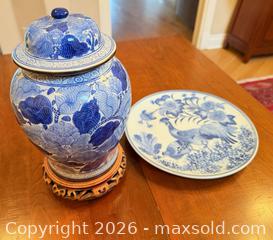 MaxSold Auction: Blue & White Porcelain Ginger Jar with Lid and Plate on Wood Stand - Saanich (British Columbia, Canada) PARTNER MANAGED Moving Online Auction - Marsett Place (CONDO)