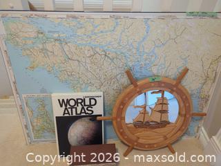 MaxSold Auction: Nautical Map & World Atlas Lot with Wooden Ship Wheel - Saanich (British Columbia, Canada) PARTNER MANAGED Moving Online Auction - Marsett Place (CONDO)