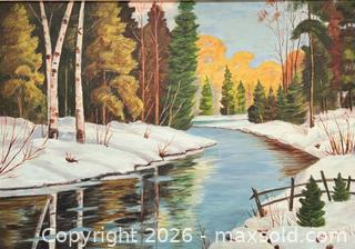 MaxSold Auction: Vintage Winter River Scene Oil Painting Signed L. Cook  - Newmarket (Ontario, Canada) SELLER MANAGED Reseller Online Auction - Lundys Lane