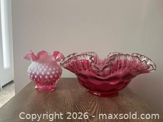 MaxSold Auction: Fenton Cranberry Ruffle Glass Lot – Console Bowl & Hobnail Vase - Oshawa (Ontario, Canada) SELLER MANAGED Downsizing Online Auction - Arthur Street Arthur