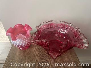 MaxSold Auction: Fenton Cranberry Ruffle Glass Lot – Console Bowl & Hobnail Vase - Oshawa (Ontario, Canada) SELLER MANAGED Downsizing Online Auction - Arthur Street Arthur