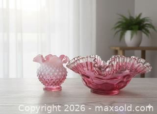 MaxSold Auction: Fenton Cranberry Ruffle Glass Lot – Console Bowl & Hobnail Vase - Oshawa (Ontario, Canada) SELLER MANAGED Downsizing Online Auction - Arthur Street Arthur