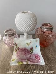MaxSold Auction: Floral Spring Decorative Lot – Milk Glass, Floral Frog Jars & Trinket Dish - Oshawa (Ontario, Canada) SELLER MANAGED Downsizing Online Auction - Arthur Street Arthur