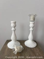 MaxSold Auction: Milk Glass Hobnail Pillar Candle Holder Set – 3 Pieces with Clear Peg Tealight Votives - Oshawa (Ontario, Canada) SELLER MANAGED Downsizing Online Auction - Arthur Street Arthur