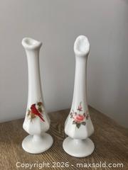 MaxSold Auction: Pair of Fenton Milk Glass Hand-Painted Pedestal Bud Vases – Artist Signed - Oshawa (Ontario, Canada) SELLER MANAGED Downsizing Online Auction - Arthur Street Arthur