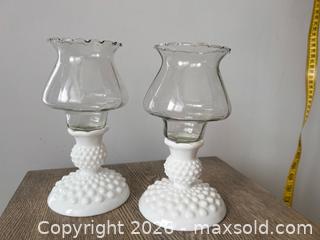 MaxSold Auction: Pair of Fenton Milk Glass Hobnail Candleholders with Glass Inserts - Oshawa (Ontario, Canada) SELLER MANAGED Downsizing Online Auction - Arthur Street Arthur