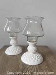 MaxSold Auction: Pair of Fenton Milk Glass Hobnail Candleholders with Glass Inserts - Oshawa (Ontario, Canada) SELLER MANAGED Downsizing Online Auction - Arthur Street Arthur