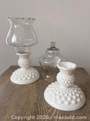 MaxSold Auction: Pair of Fenton Milk Glass Hobnail Candleholders with Glass Inserts - Oshawa (Ontario, Canada) SELLER MANAGED Downsizing Online Auction - Arthur Street Arthur