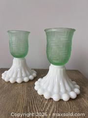 MaxSold Auction: Pair of Milk Glass Candle Holders with Green Glass Inserts - Oshawa (Ontario, Canada) SELLER MANAGED Downsizing Online Auction - Arthur Street Arthur