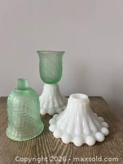 MaxSold Auction: Pair of Milk Glass Candle Holders with Green Glass Inserts - Oshawa (Ontario, Canada) SELLER MANAGED Downsizing Online Auction - Arthur Street Arthur