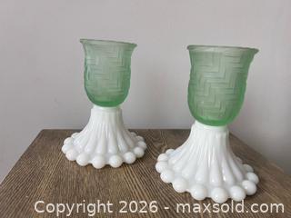 MaxSold Auction: Pair of Milk Glass Candle Holders with Green Glass Inserts - Oshawa (Ontario, Canada) SELLER MANAGED Downsizing Online Auction - Arthur Street Arthur