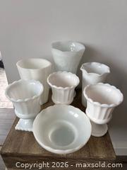 MaxSold Auction: Seven Piece Milk Glass Floral Vase & Bowl Lot - Oshawa (Ontario, Canada) SELLER MANAGED Downsizing Online Auction - Arthur Street Arthur