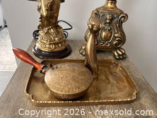 MaxSold Auction: Vintage Brass Décor Lot – 2 Lamps, Tray, Cat & Crumb Collector - Oshawa (Ontario, Canada) SELLER MANAGED Downsizing Online Auction - Arthur Street Arthur