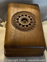 MaxSold Auction: Antique Hand Carved Casket solid Wooden Jewelry box / Keepsake box / Trinket box / Cigar Box Ornate Carved Lid Large Natural Old Wood Box Indian Style - Toronto (Ontario, Canada) SELLER MANAGED Downsizing Online Auction - O'connor Drive (CONDO)