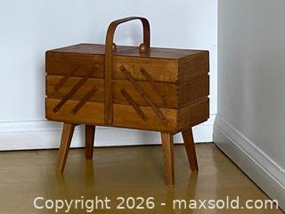 MaxSold Auction: Vintage Mid-Century Expandable Light Brown Wood Cantilever Sewing Box - Toronto (Ontario, Canada) SELLER MANAGED Downsizing Online Auction - O'connor Drive (CONDO)