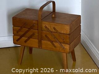 MaxSold Auction: Vintage Mid-Century Expandable Light Brown Wood Cantilever Sewing Box - Toronto (Ontario, Canada) SELLER MANAGED Downsizing Online Auction - O'connor Drive (CONDO)