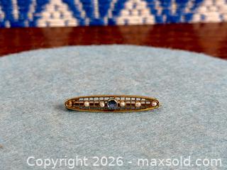 MaxSold Auction: Antique Edwardian 14K Gold Sapphire and Seed Pearl Bar Brooch - Hamilton (Ontario, Canada) SELLER MANAGED Estate Sale Online Auction - Gertrude Street