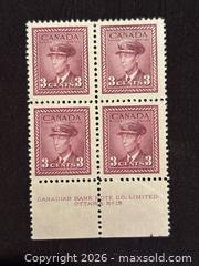 MaxSold Auction: CANADA  3c KING GEORGE VI WAR ISSUE Mint BLOCK OF 4 , lower selvedge  - Aurora (Ontario, Canada) SELLER MANAGED Estate Sale Online Auction - Closs Square