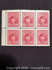 MaxSold Auction: Canada Stamp Booklet - 1942-43 KING GEORGE VI WAR ISSUE Booklet Pane of 6 Stamps - Aurora (Ontario, Canada) SELLER MANAGED Estate Sale Online Auction - Closs Square