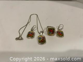 MaxSold Auction: Painted Enamel Sterling Silver Leverback Earrings with Necklace and Ring - Wilmot (Ontario, Canada) PARTNER MANAGED Estate Sale Online Auction - Summit Crescent