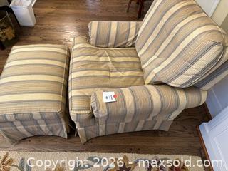 MaxSold Auction: Beige Striped Upholstered Armchair with Footrest - Alexandria (Virginia, USA) SELLER MANAGED Downsizing Online Auction - Fort Worth Avenue