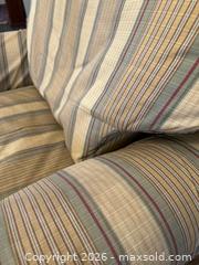 MaxSold Auction: Beige Striped Upholstered Armchair with Footrest - Alexandria (Virginia, USA) SELLER MANAGED Downsizing Online Auction - Fort Worth Avenue