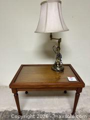 MaxSold Auction: Traditional Antique Brass Swing-Arm Table Lamp with Fabric Shade and Wood side table - Alexandria (Virginia, USA) SELLER MANAGED Downsizing Online Auction - Fort Worth Avenue